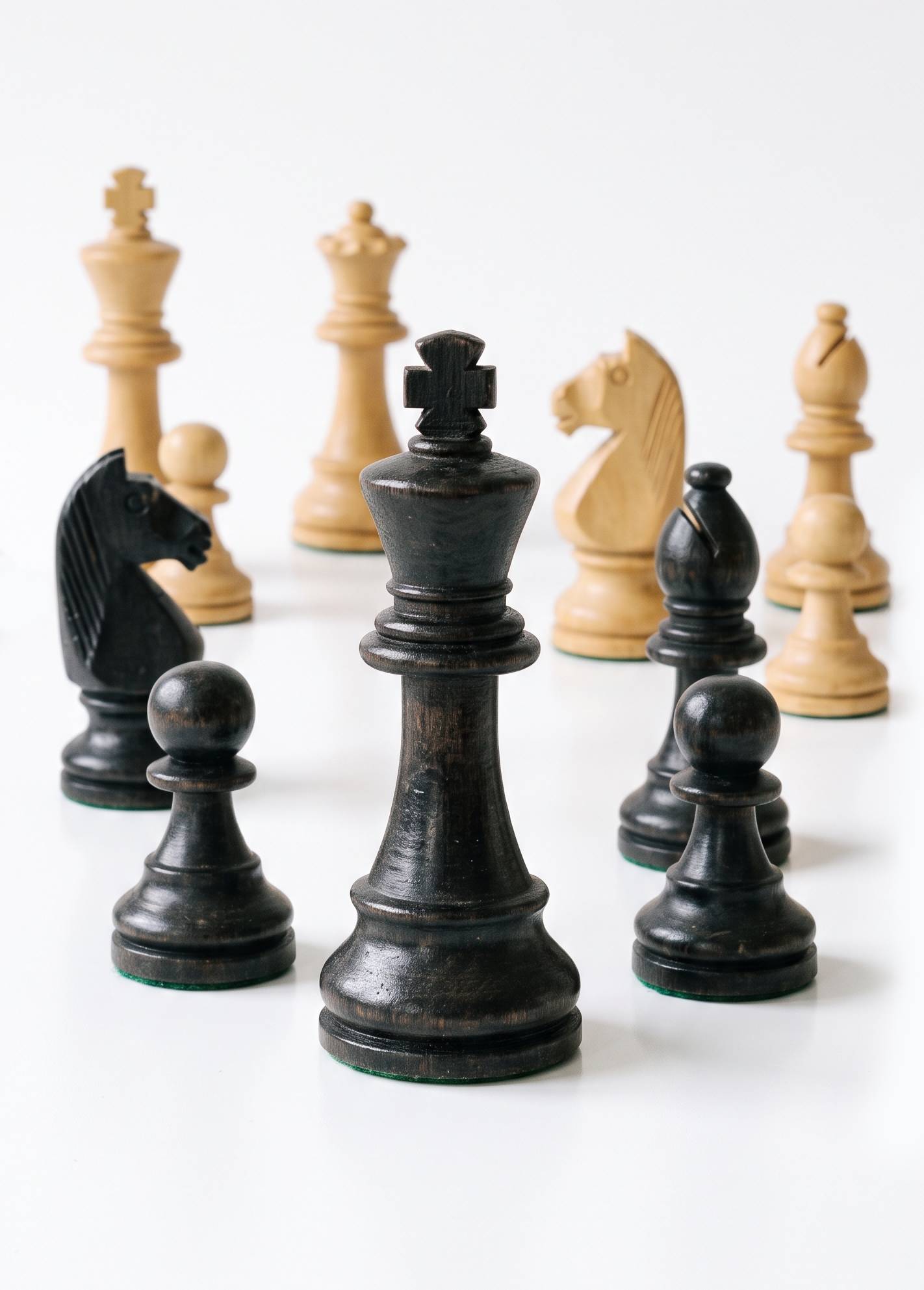 Chess pieces, black king leading, strategic positioning